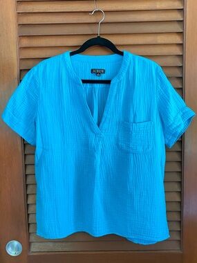 J. Crew Turquoise Short Sleeve V-Neck Cotton Gauze Popover M